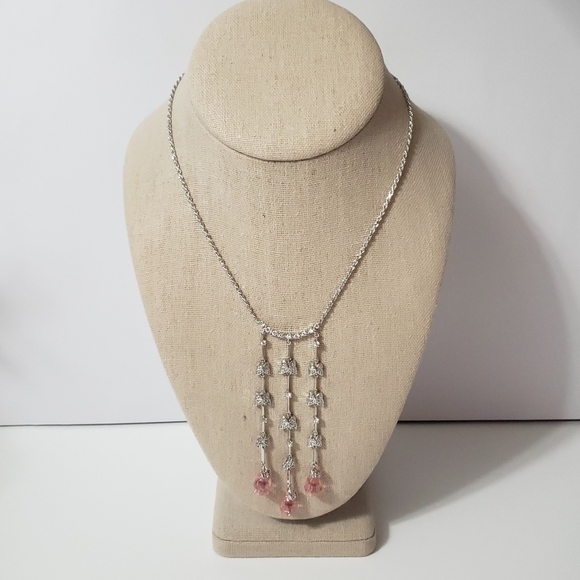 Sterling Silver Three Strand Pink Butterfly Rhinestone Necklace Made in Italy - Picture 6 of 6